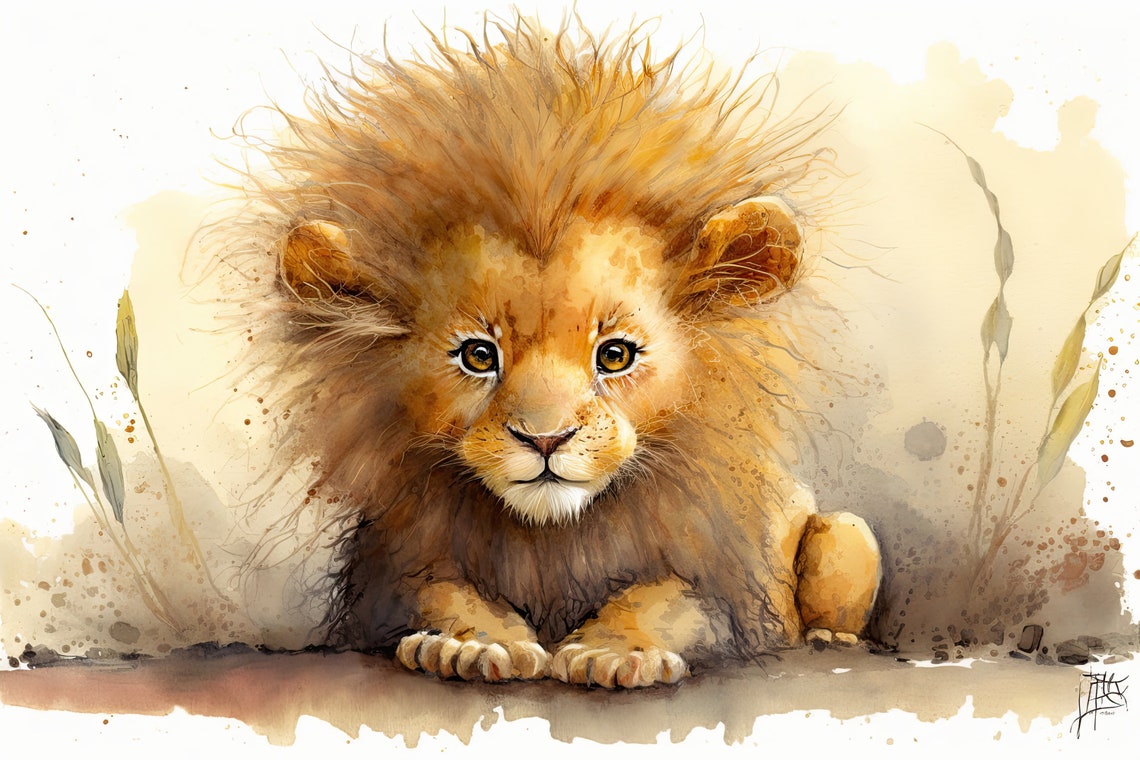 Golden Baby Lion Cub Resting Fluffy Mane Watercolor Nursery Poster