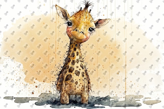 Cute Baby Giraffe Watercolor Golden Drips Nursery Animal Art Poster