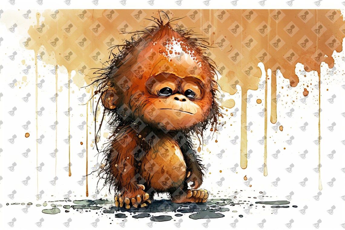 Cute Baby Orangutan Watercolor Caramel Drips Nursery Art Poster
