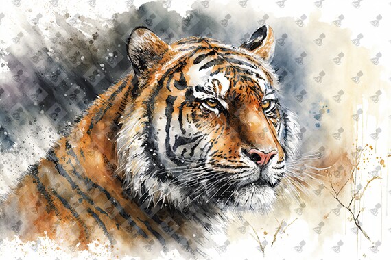 Tiger Portrait Watercolor Big Cat Rustic Wildlife Art Poster