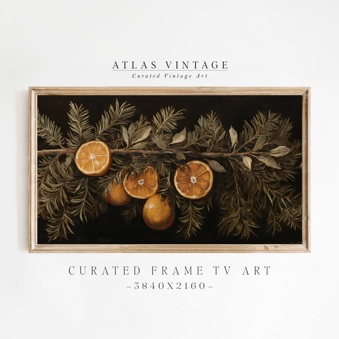 Dark Moody Evergreen Garland with Sliced Oranges Holiday Poster
