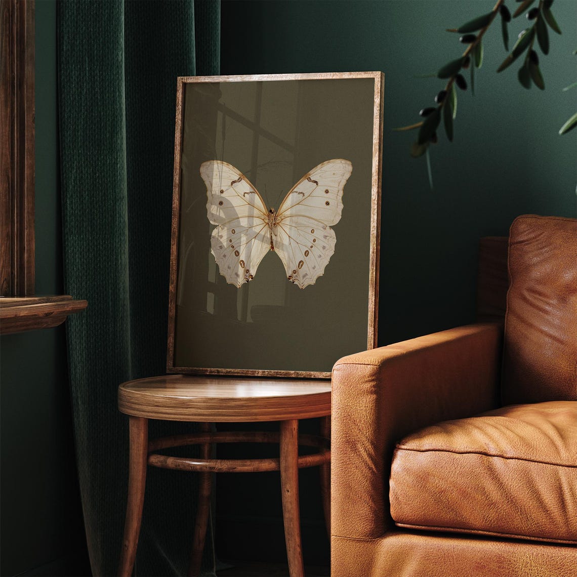 White Butterfly Specimen Dark Olive Botanical Style Art Poster - Image 5