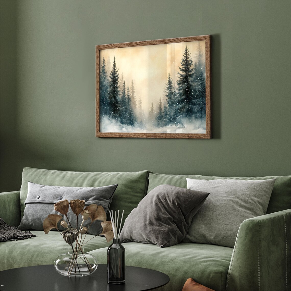 Tall Pines in Snowy Mist With Golden Sky Vintage Frame TV Art Poster - Image 4