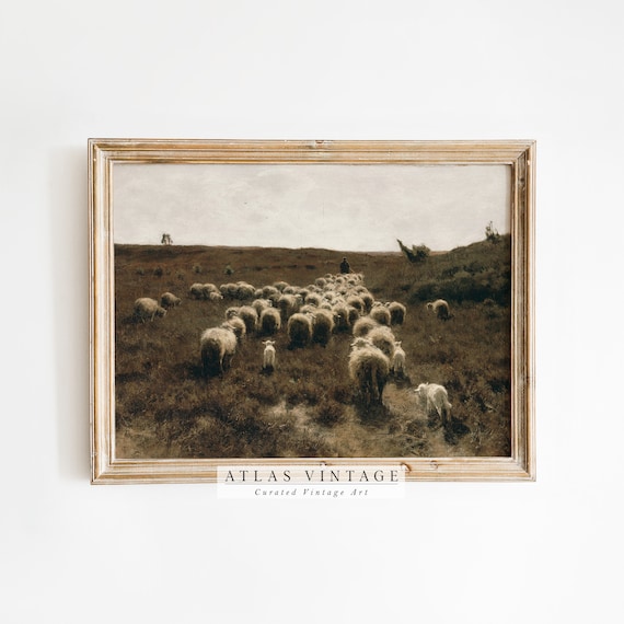 Shepherd Leading Sheep Flock Through Moody Moorland Vintage Painting Poster
