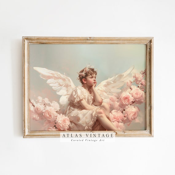 Cupid Valentines Day Print Vintage Cupid Love Angel Painting Moody Romantic Wall Art Pink Farmhouse Dcor
