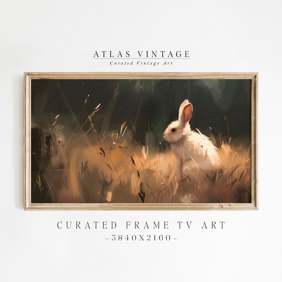 White Bunny Golden Grass Moody Spring Rabbit Vintage Painting Poster