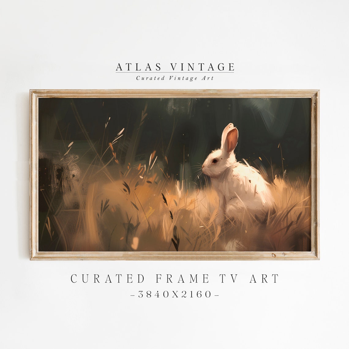 White Bunny Golden Grass Moody Spring Rabbit Vintage Painting Poster