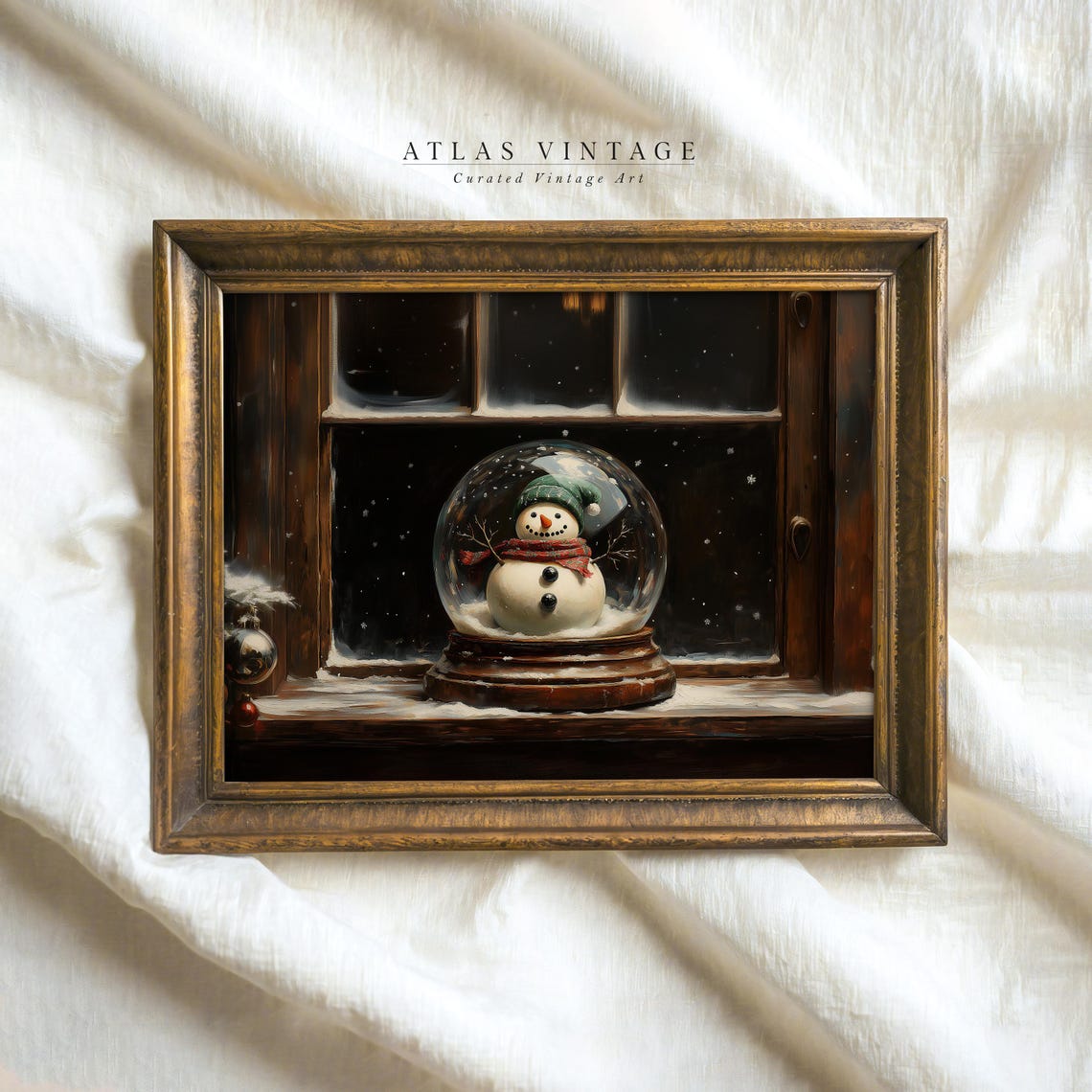 Snowman Snow Globe on Windowsill Vintage Christmas Night Art Poster