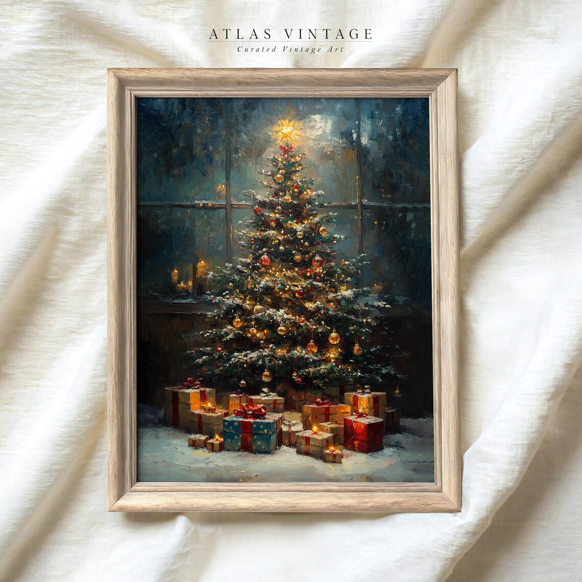 Cozy Christmas Tree with Gifts by Frosty Window Painting Poster - Image 3