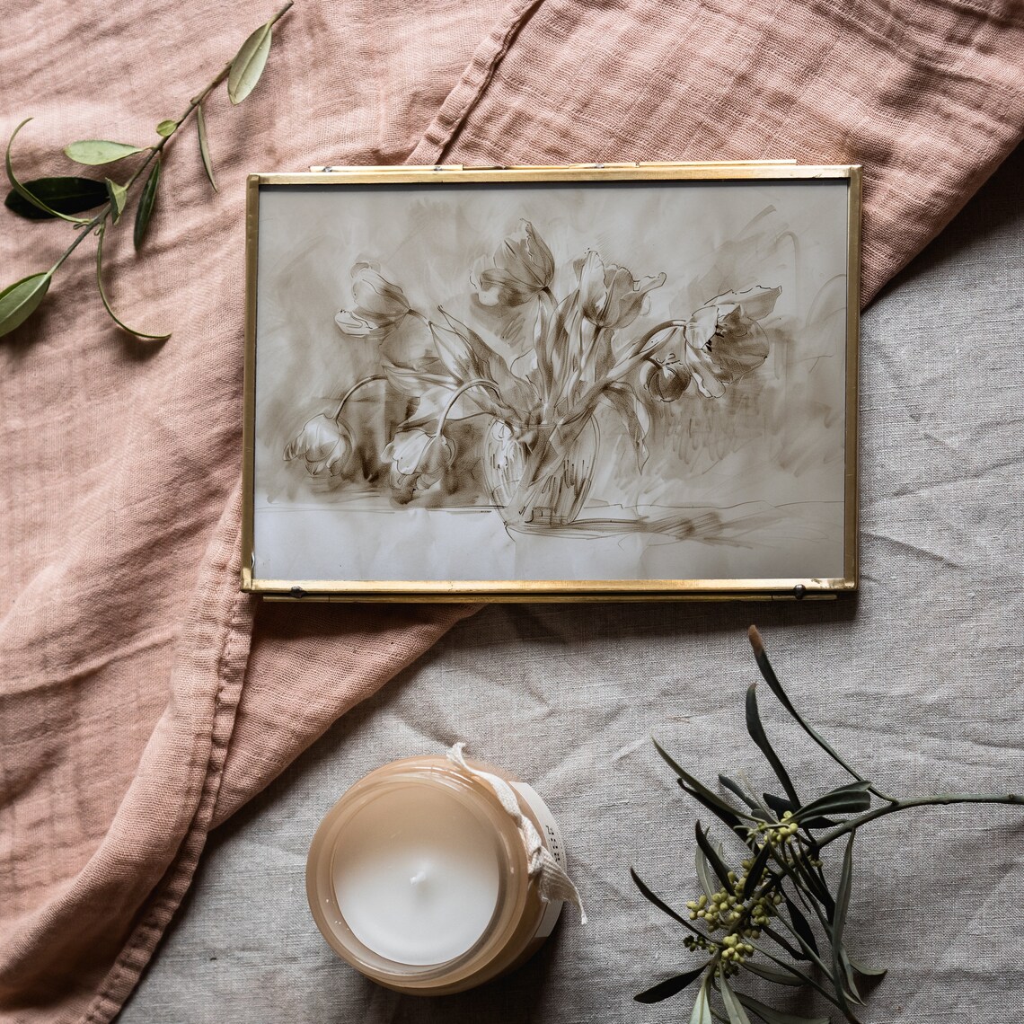 Sepia Tulips Vase Soft Sketch Lines Minimalist Vintage Floral Drawing Poster - Image 4