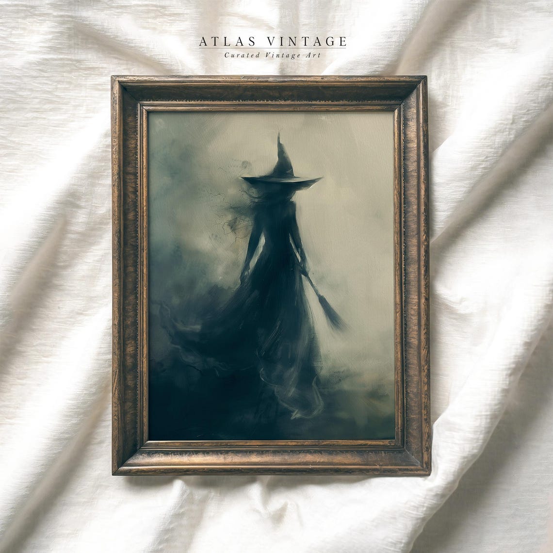 Misty Witch Silhouette Holding Broom in Fog Dark Halloween Poster