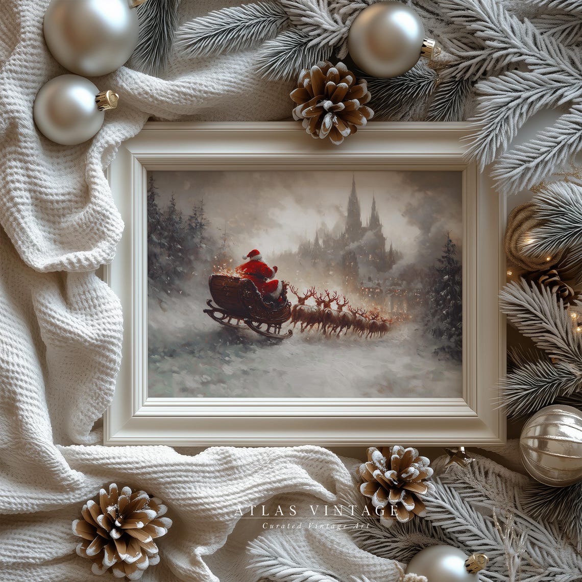 Santa Claus in a Red Sleigh Racing Toward a Snowy Village Poster - Image 6