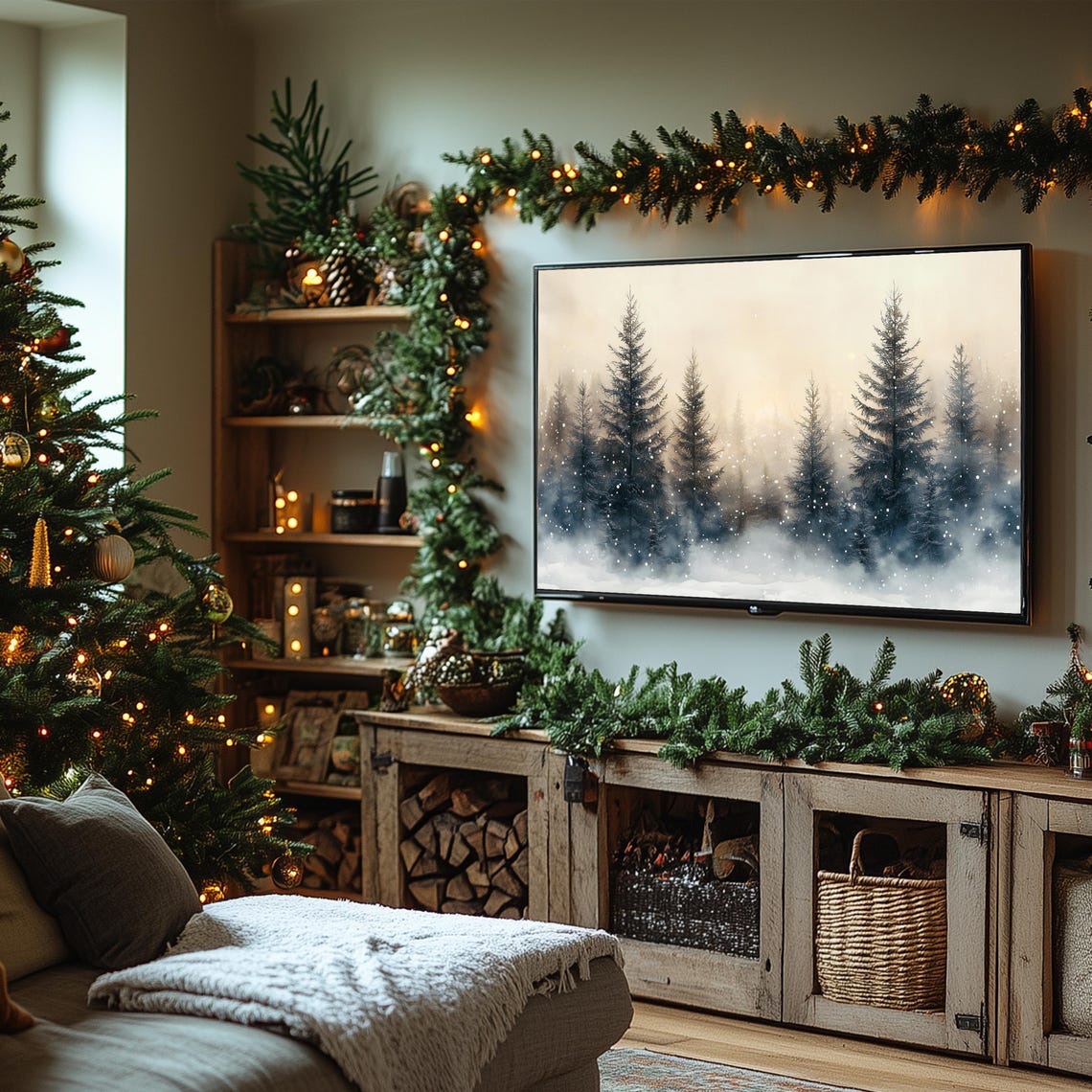 Misty Pine Trees in Falling Snow Dark Blue Vintage Frame TV Poster - Image 6