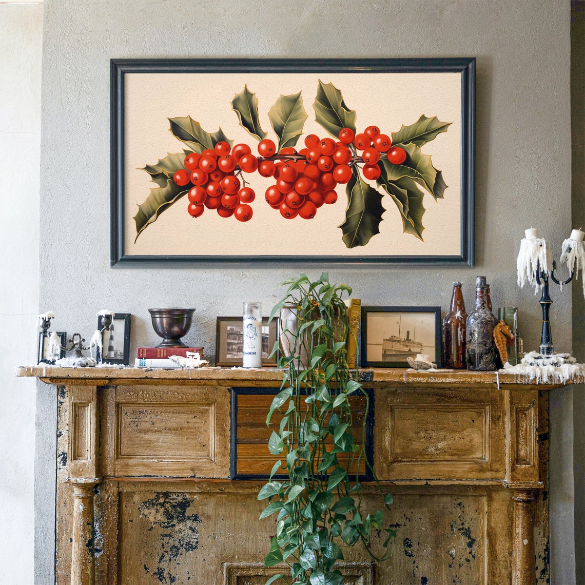 Red Holly Berries Vintage Botanical Christmas Frame TV Art Print - Image 6