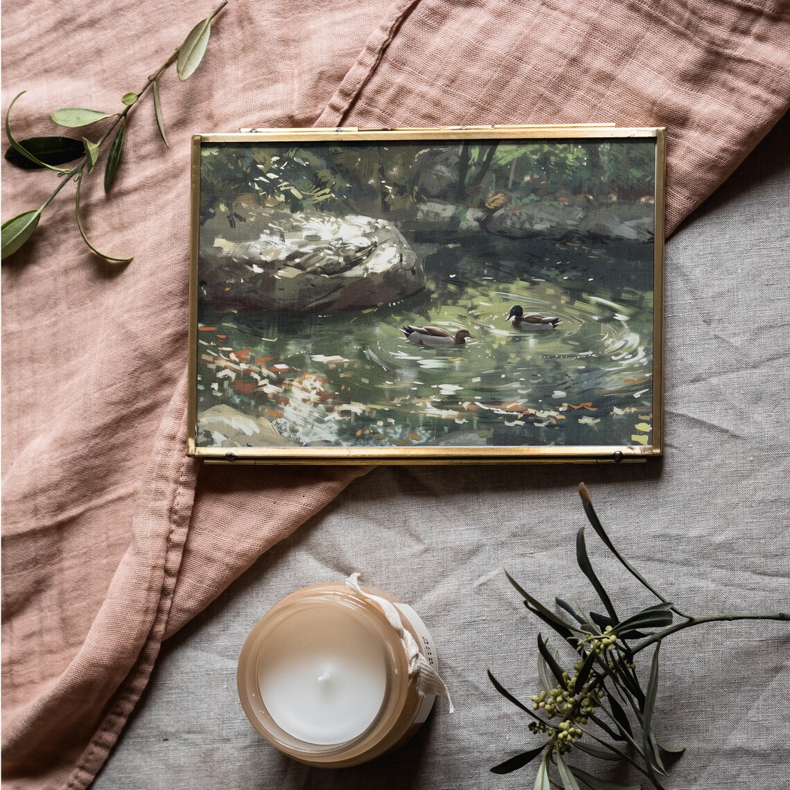 Two Ducks on a Forest Pond With Rocks Vintage Summer Wildlife Poster - Image 4