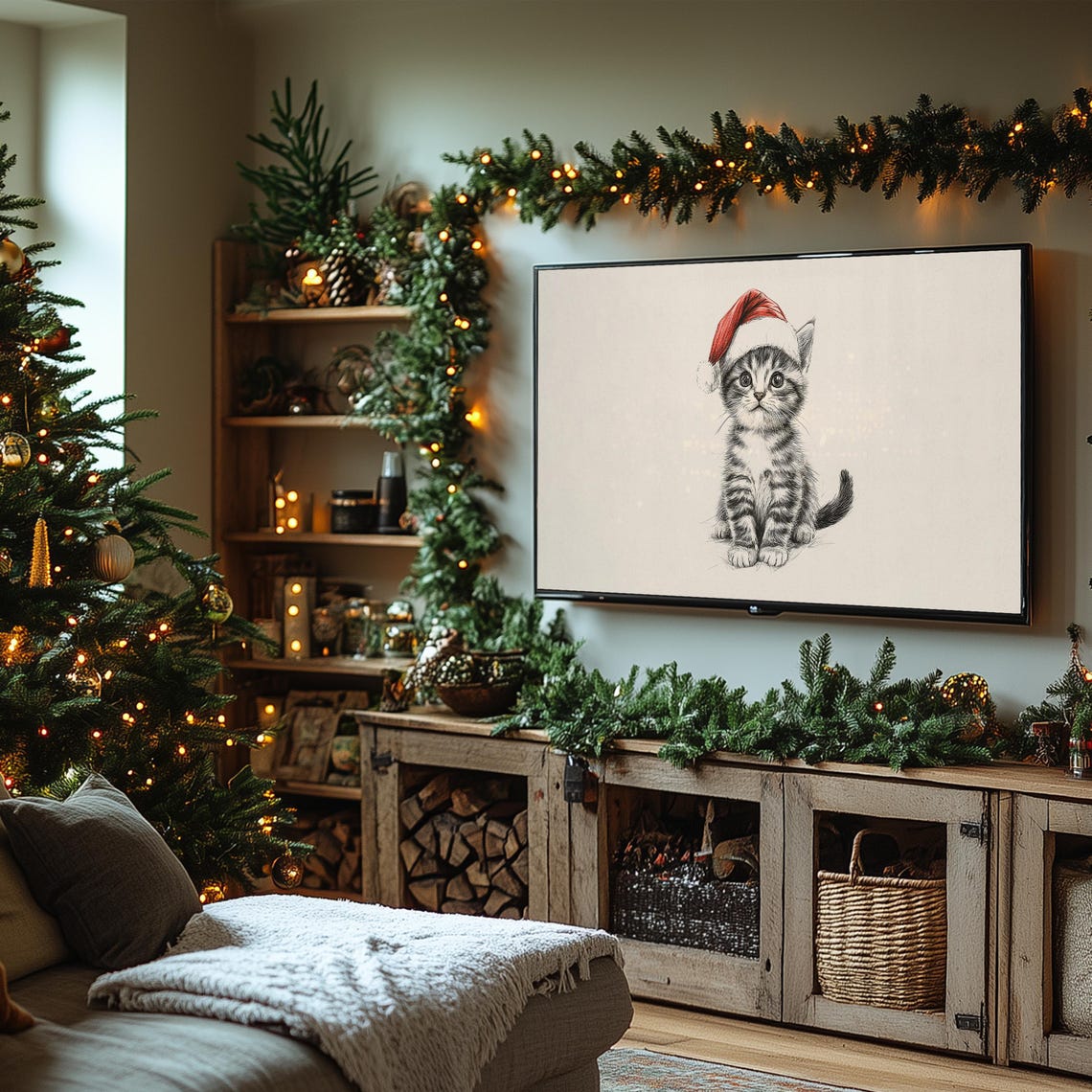 Kitten Sketch Wearing Santa Hat Neutral Beige Holiday Poster - Image 6