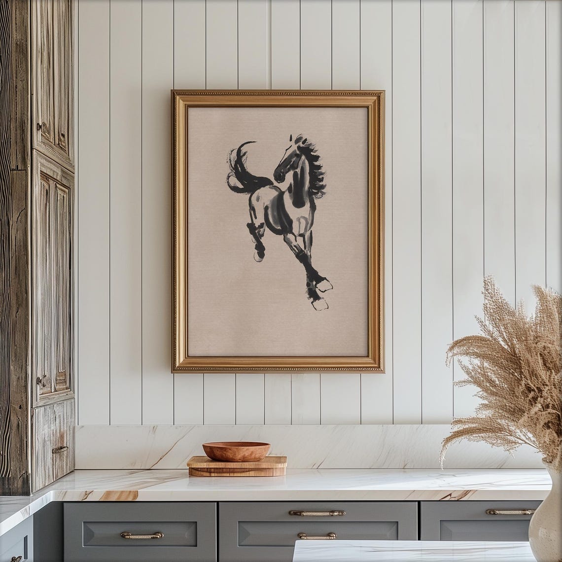 Black Ink Brush Horse Rearing Minimalist Equestrian Sketch Wall Art - Image 7