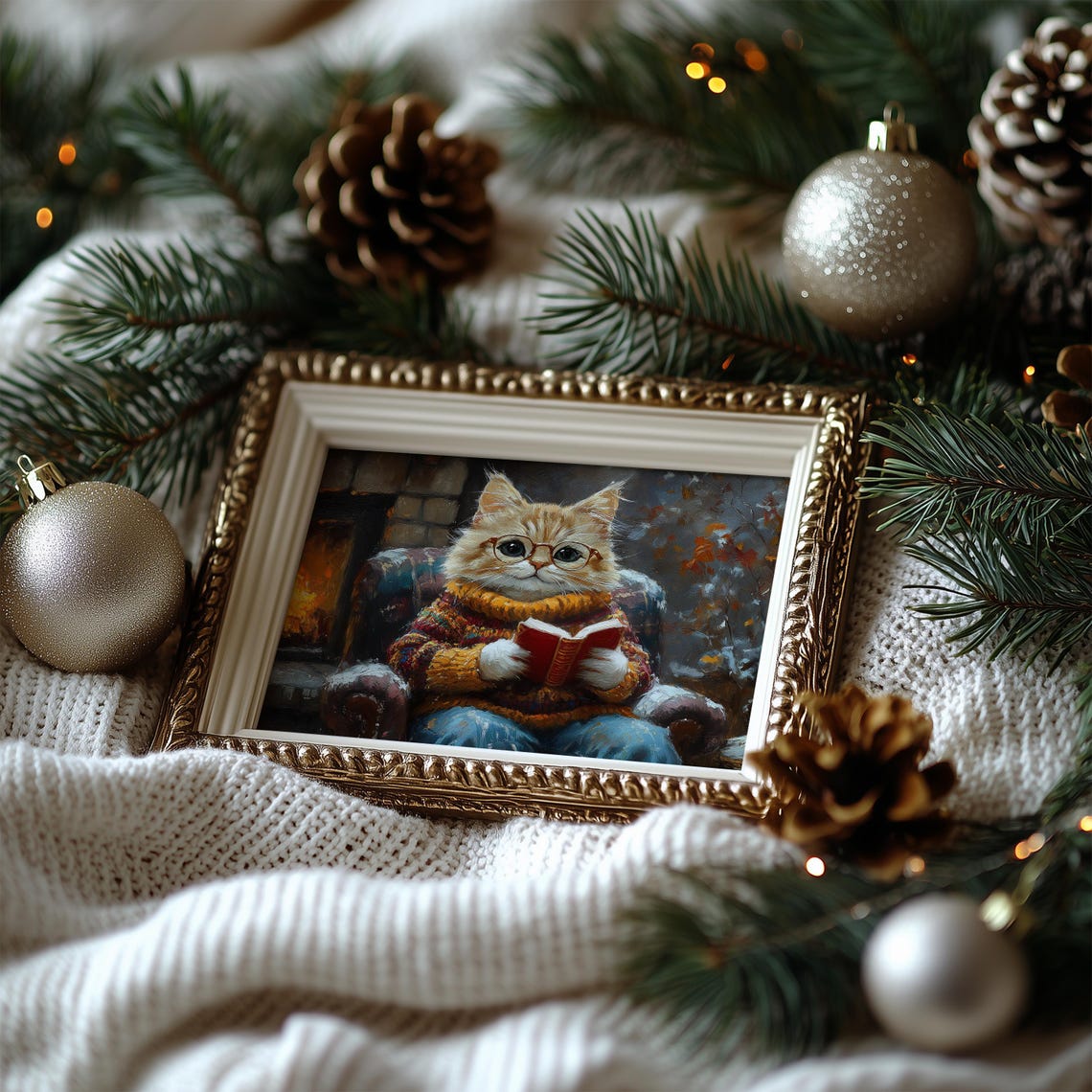 Cute Kitten Reading Book Poster Cozy Winter Fireplace Cat Art - Image 6