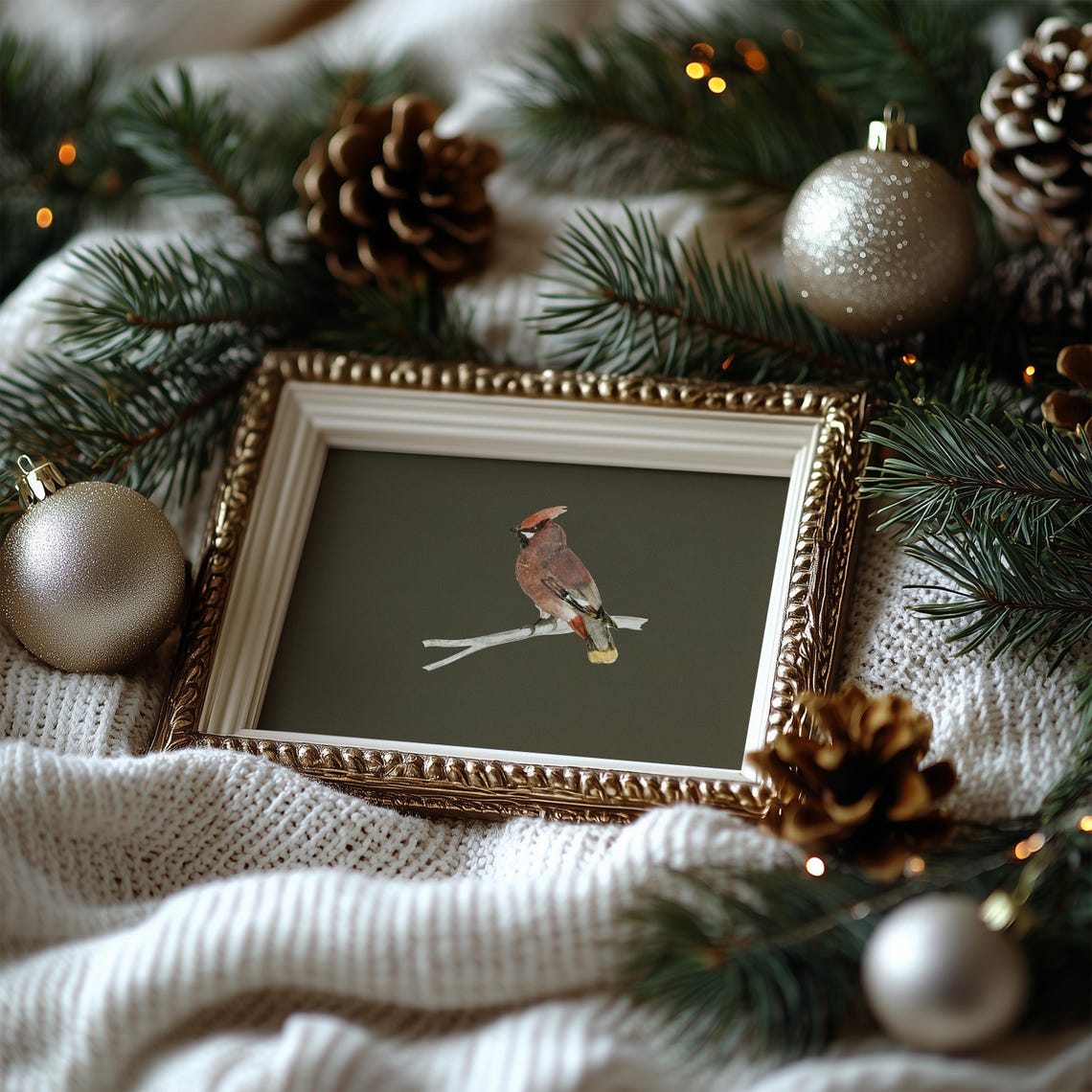 Red Cardinal Perched on Branch Dark Olive Vintage Bird Art Poster - Image 3