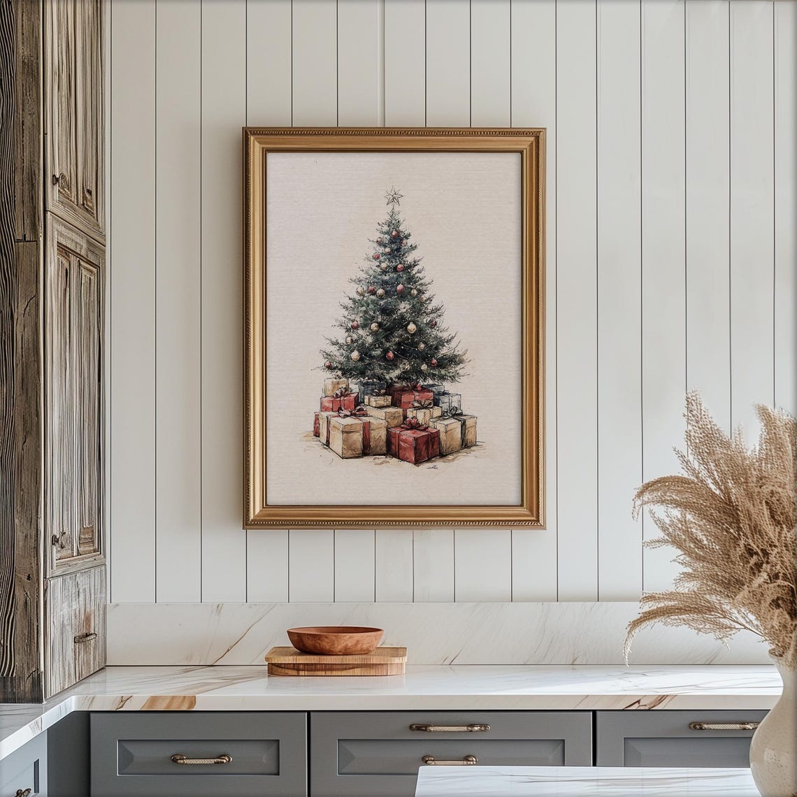 Vintage Christmas Tree With Gifts Sketch Neutral Pine Tree Poster - Image 3
