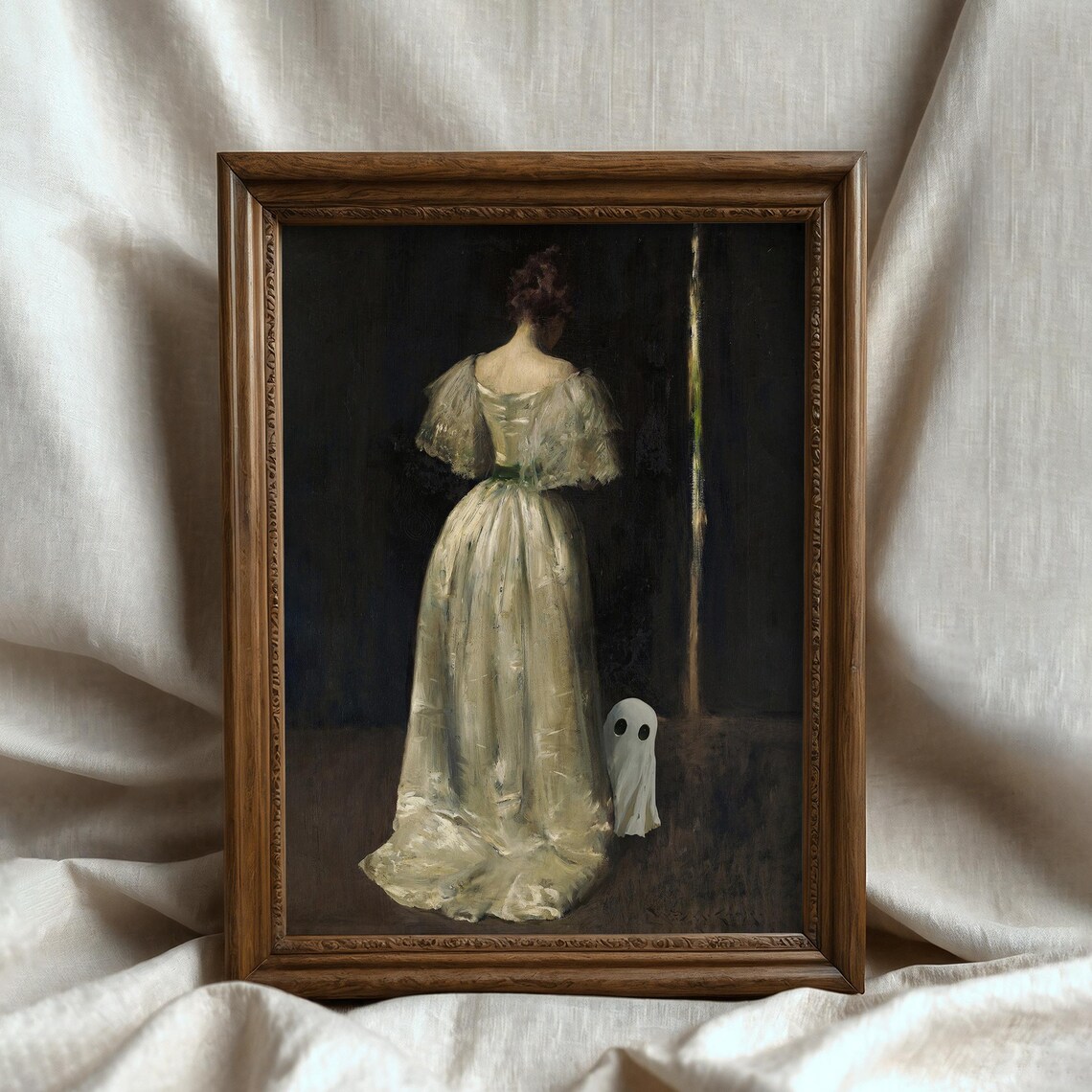 Moody Woman in White Gown with Cute Ghost Vintage Spooky Halloween Print - Image 6