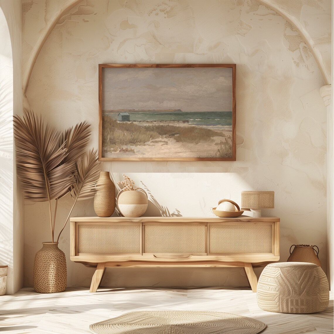 Tiny Vintage Beach House Dune Grass Green Sea Muted Coastal Painting Poster - Image 6