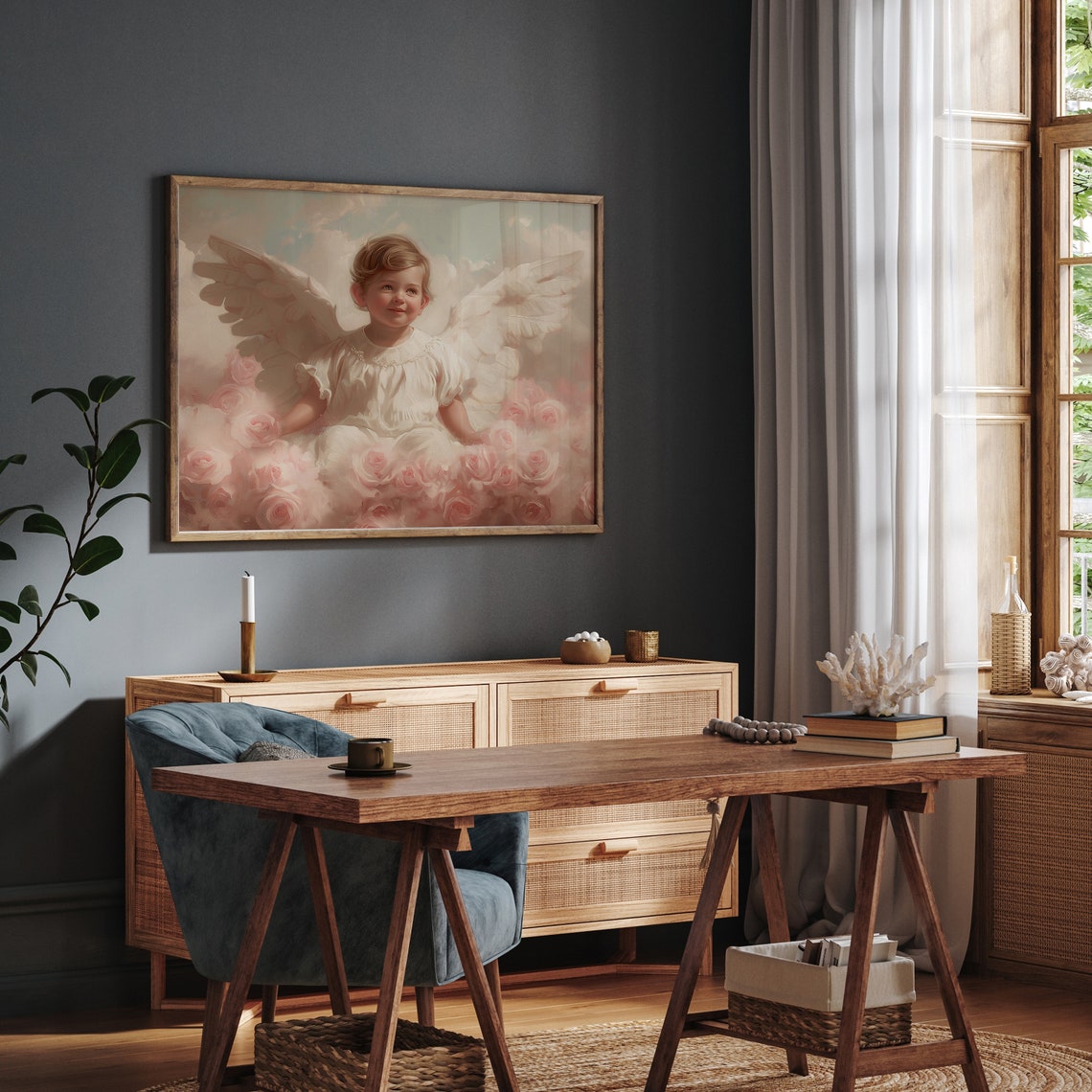 Vintage Cherub Angel Child Among Pink Roses Romantic Nursery Poster - Image 5