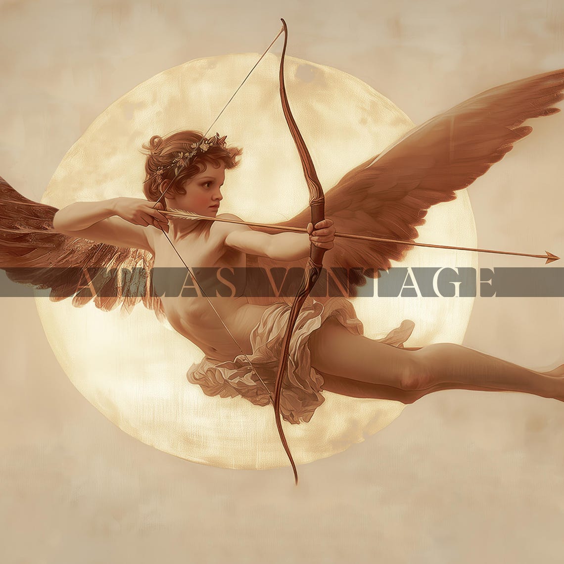 Cupid Drawing Bow Before Full Moon Sepia Romantic Angel Poster - Image 8