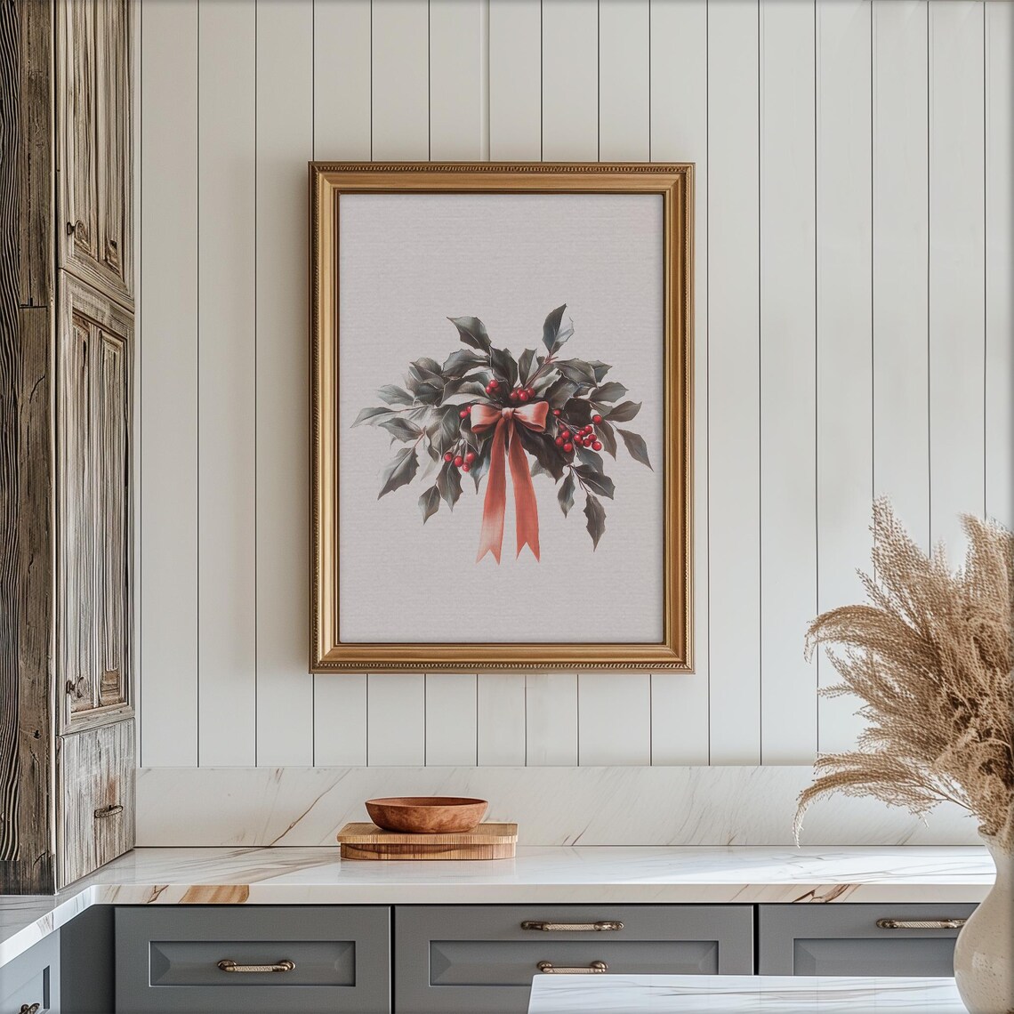Vintage Holly Berry Christmas Poster Red Berries Ribbon Bow Botanical - Image 2