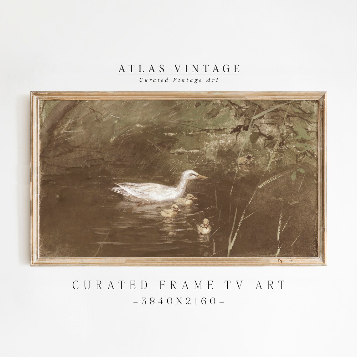 Vintage White Duck with Ducklings Mother Duck Pond Painting Art Poster