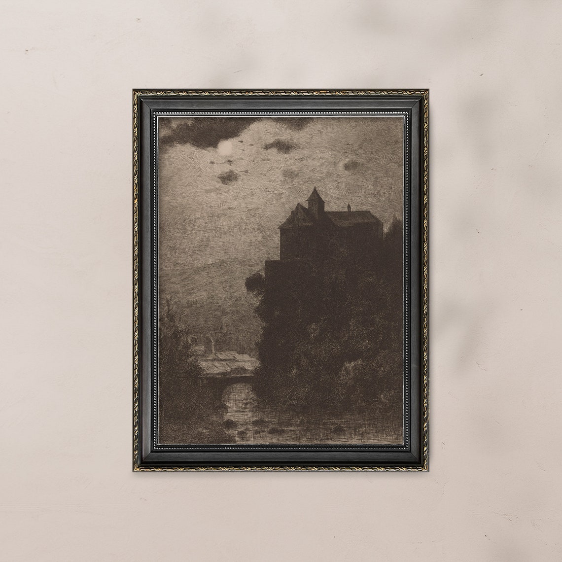 Dark Moody Castle on a Hill at Night Monochrome Vintage Gothic Poster - Image 6