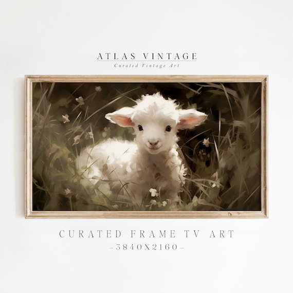 White Baby Lamb in Wildflower Meadow Vintage Sheep Nursery Art Poster