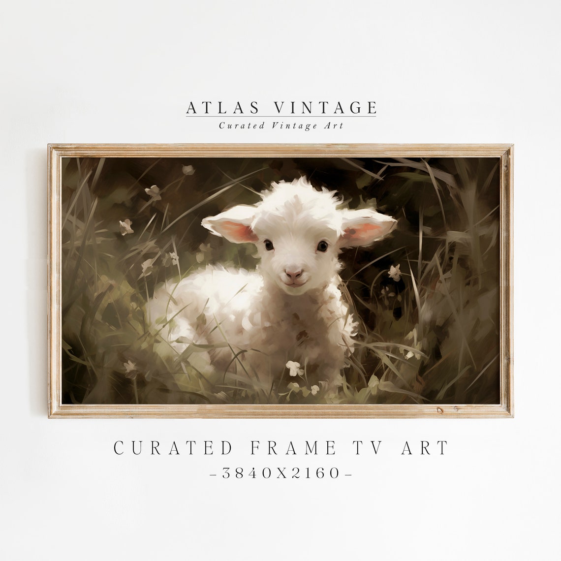 White Baby Lamb in Wildflower Meadow Vintage Sheep Nursery Art Poster