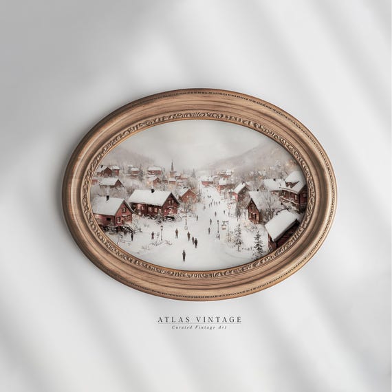 Vintage Snowy Mountain Village Print Rustic Winter Holiday Decor Christmas Farmhouse Painting Moody Cityscape Prints