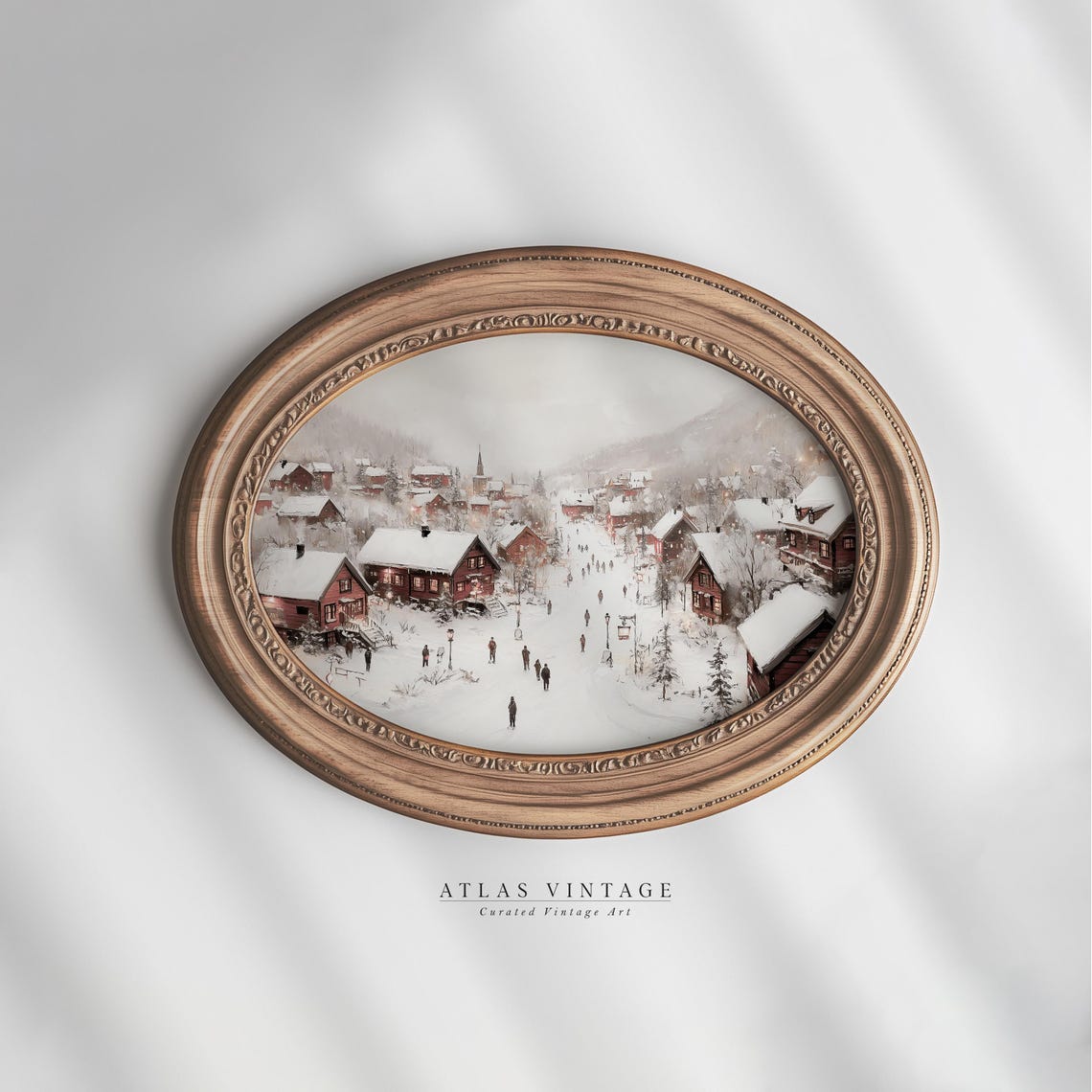 Snowy Red Cabin Village Oval Painting Winter Holiday Scene Poster