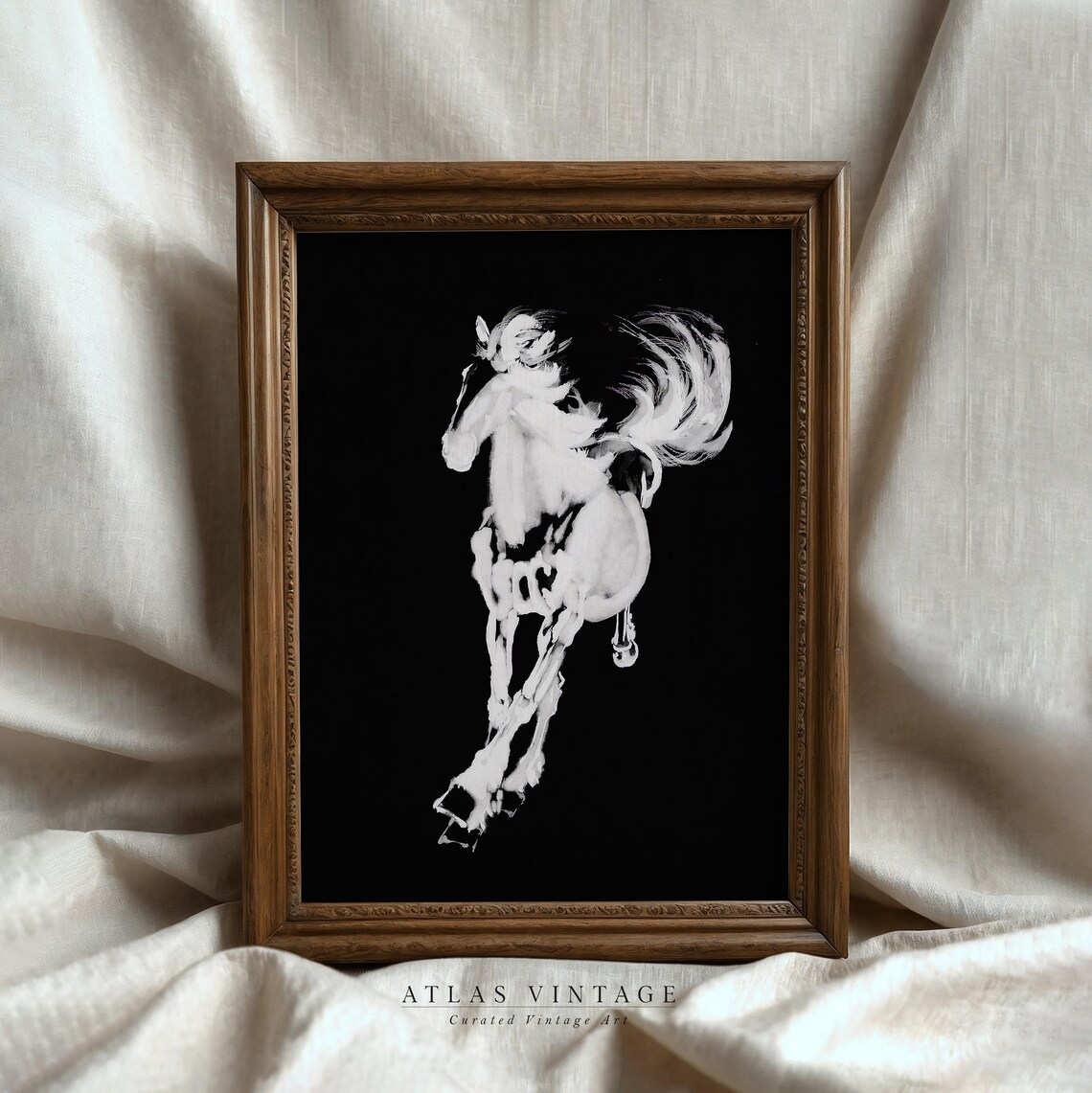 Rearing White Horse Asian Brush Painting Black Background Poster - Image 7