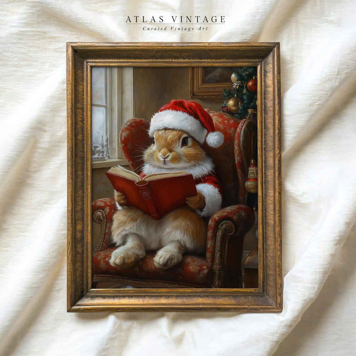 Cute Bunny Reading Book in Santa Hat Christmas Nursery Poster