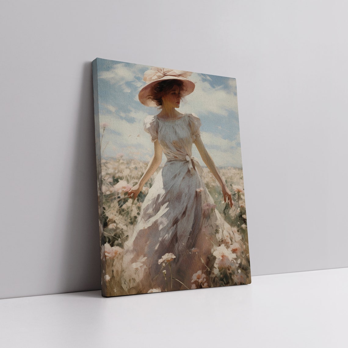 Woman in White Dress and Pink Hat Walking Flower Field Poster - Image 4