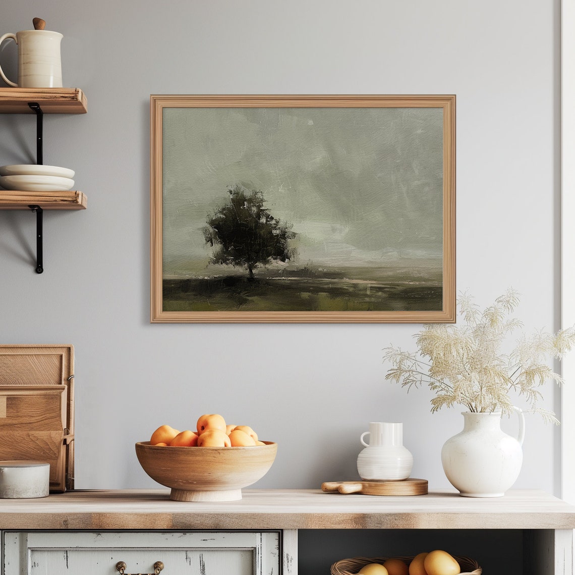 Moody Lone Tree in Green Field Minimalist Dark Landscape Art Poster - Image 8