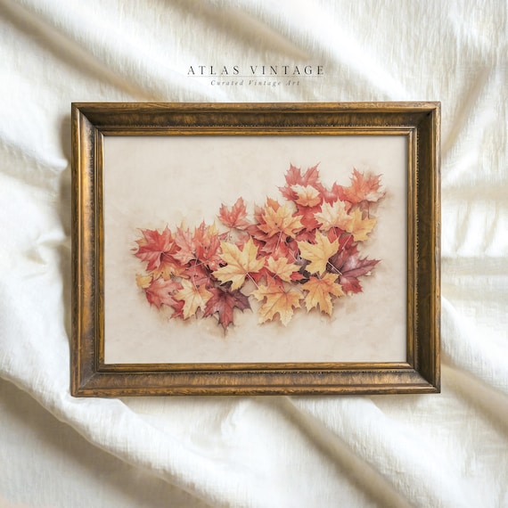 Red and Gold Maple Leaves Vintage Autumn Watercolor Art Poster