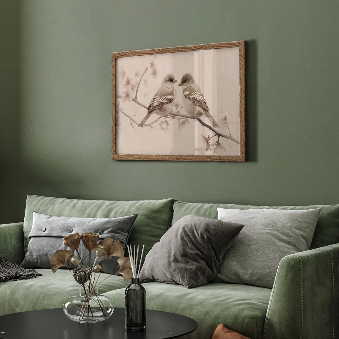 Spring Love Birds Cherry Blossom Branch Vintage Pencil Art Poster - Image 4
