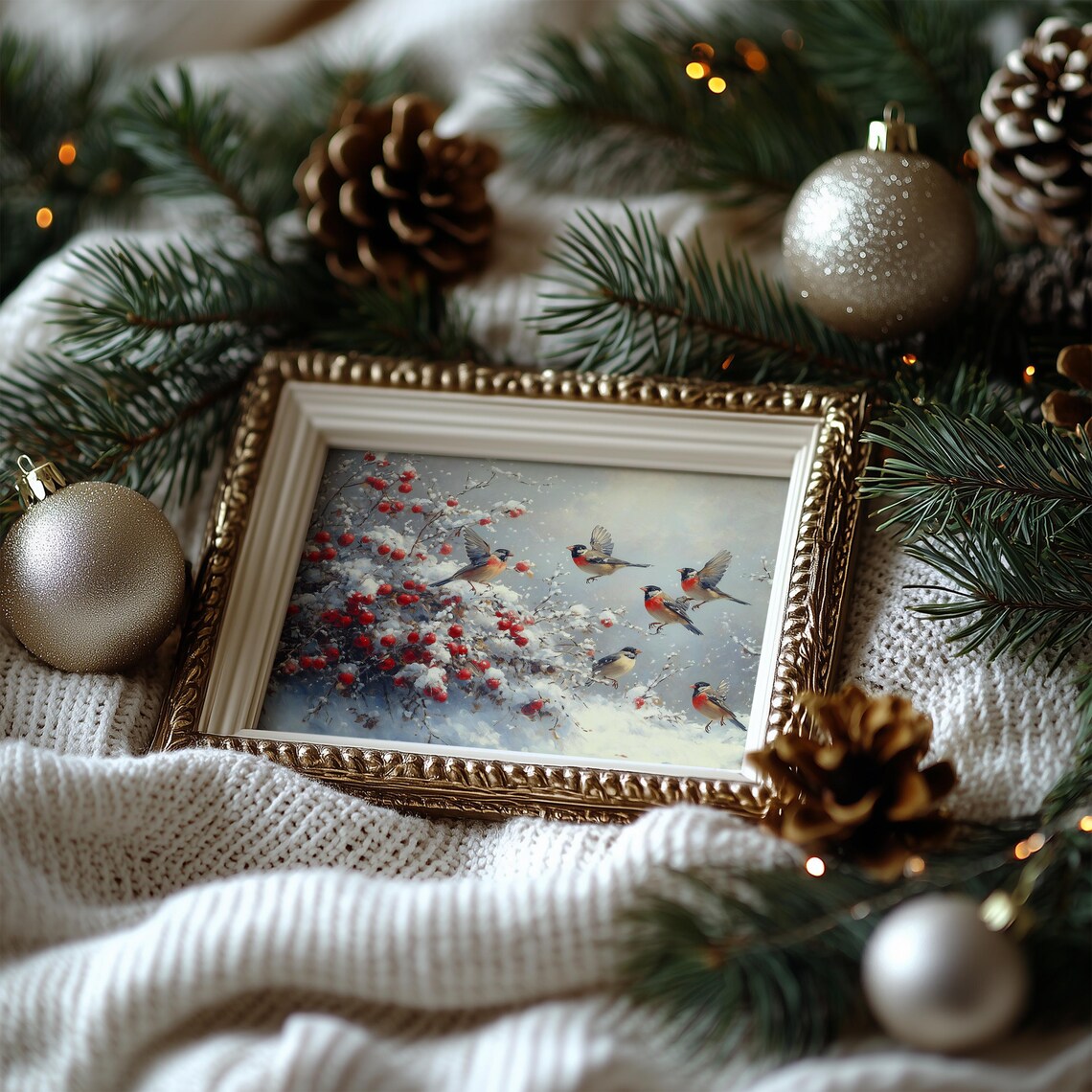Songbirds Among Snowy Red Berries Winter Bird Scene Art Poster - Image 8