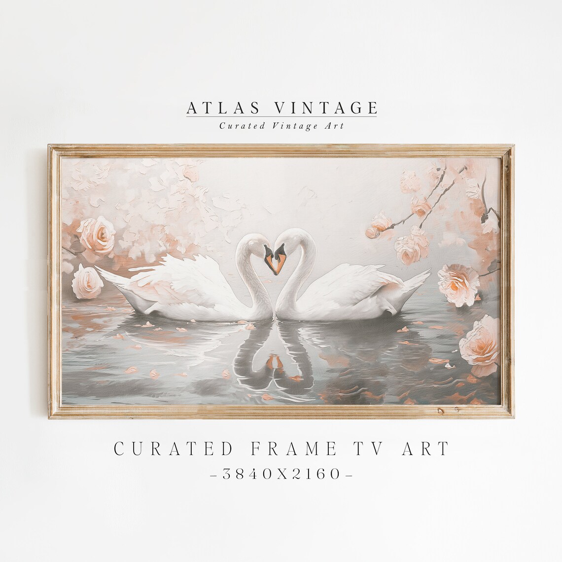 Kissing Swans Heart Shape Romantic Blush Roses Painting Poster