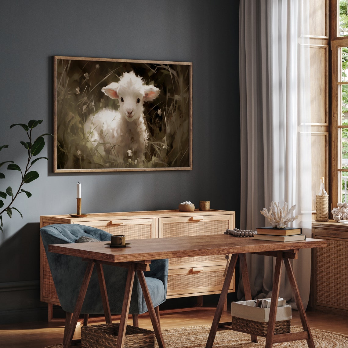 White Baby Lamb in Wildflower Meadow Vintage Sheep Nursery Art Poster - Image 2