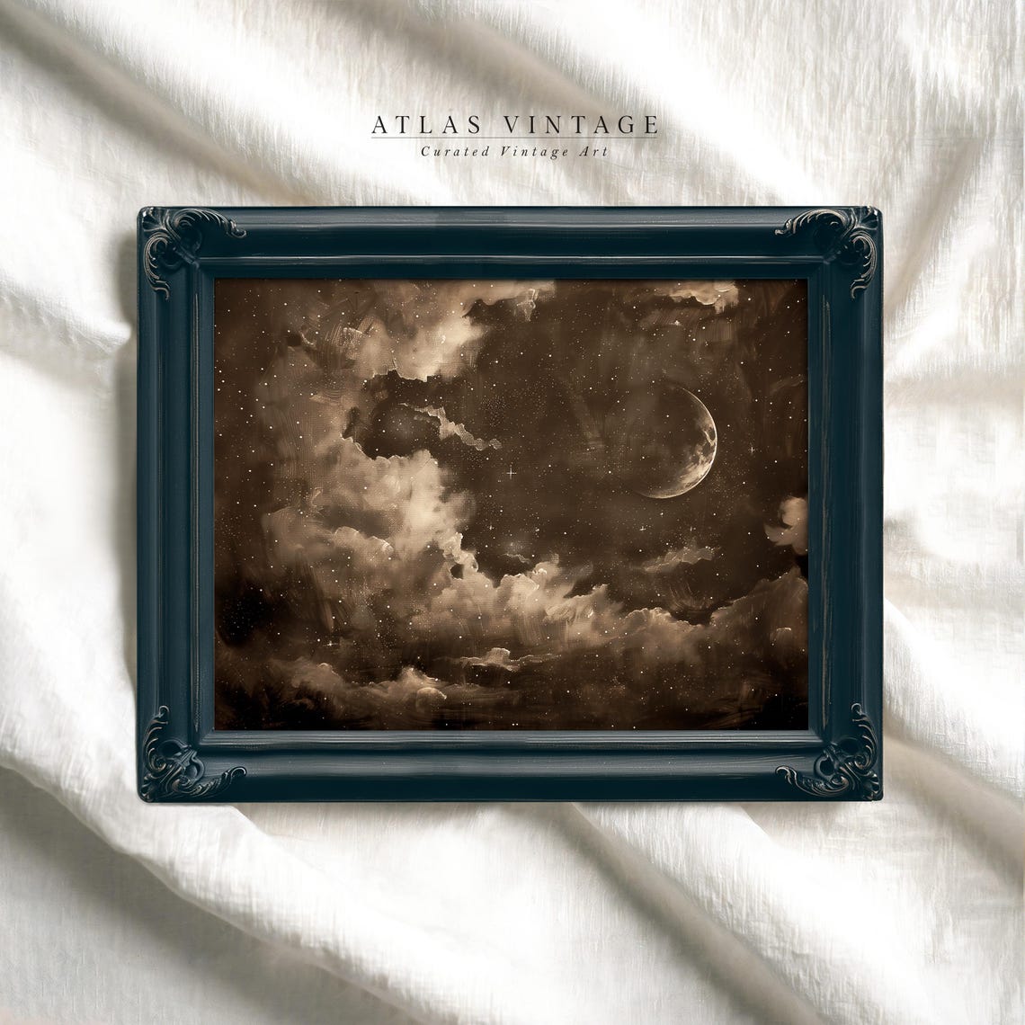 Sepia Gold Starry Night Sky With Crescent Moon And Clouds Poster - Image 5