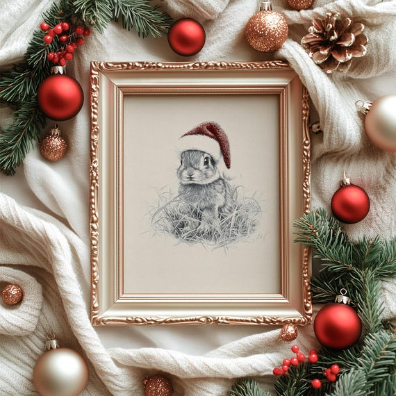 Baby Rabbit In Santa Hat Sketch Xmas Print Vintage Animal Christmas Wall Decor Cute Hare Drawing Print Neutral Nursery