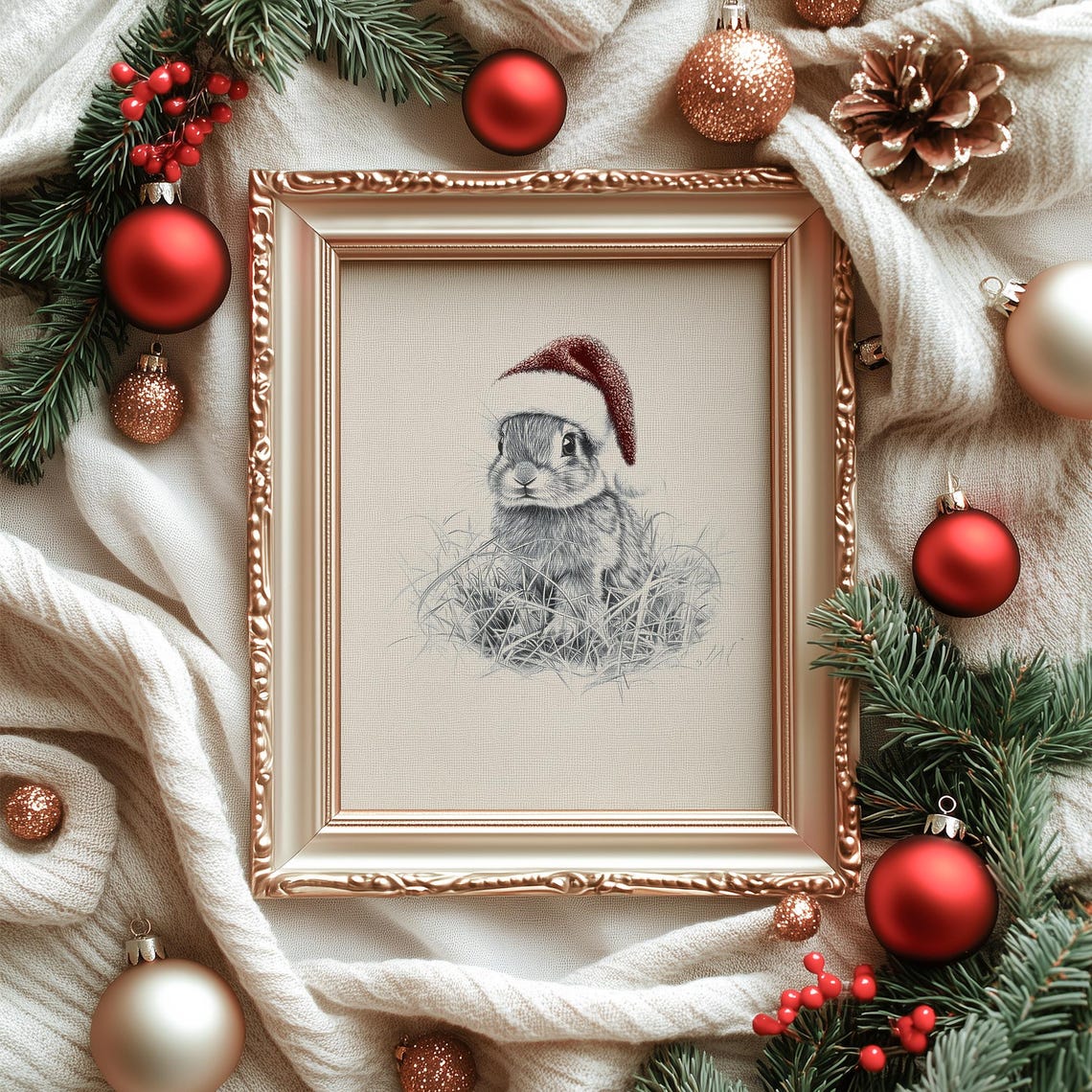 Baby Rabbit Santa Hat Sketch Christmas Vintage Animal Drawing Poster
