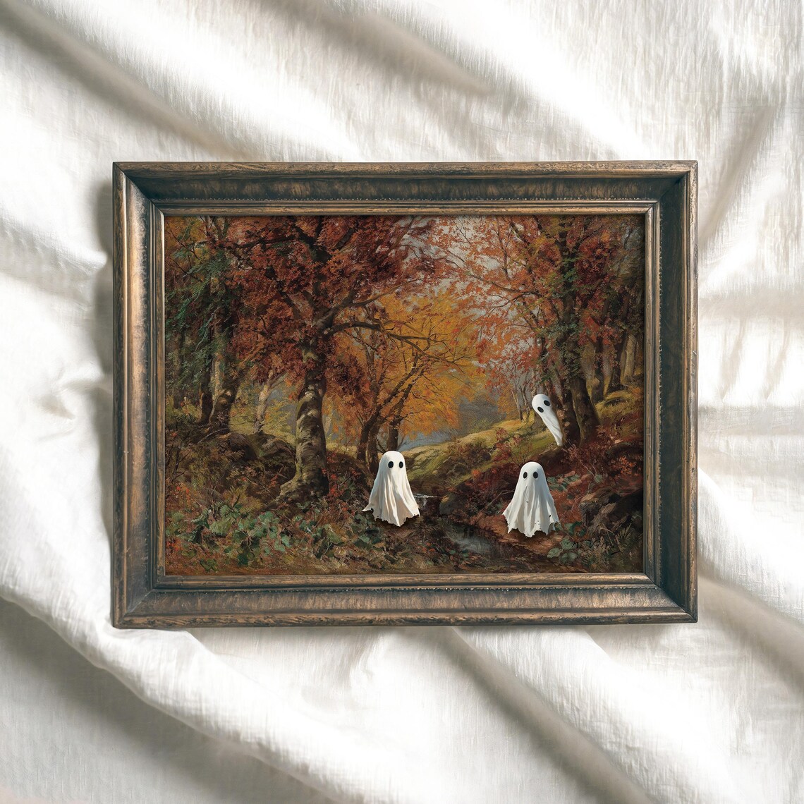 Cute Ghosts in Autumn Forest Vintage Halloween Painting Spooky Cute Poster - Image 2