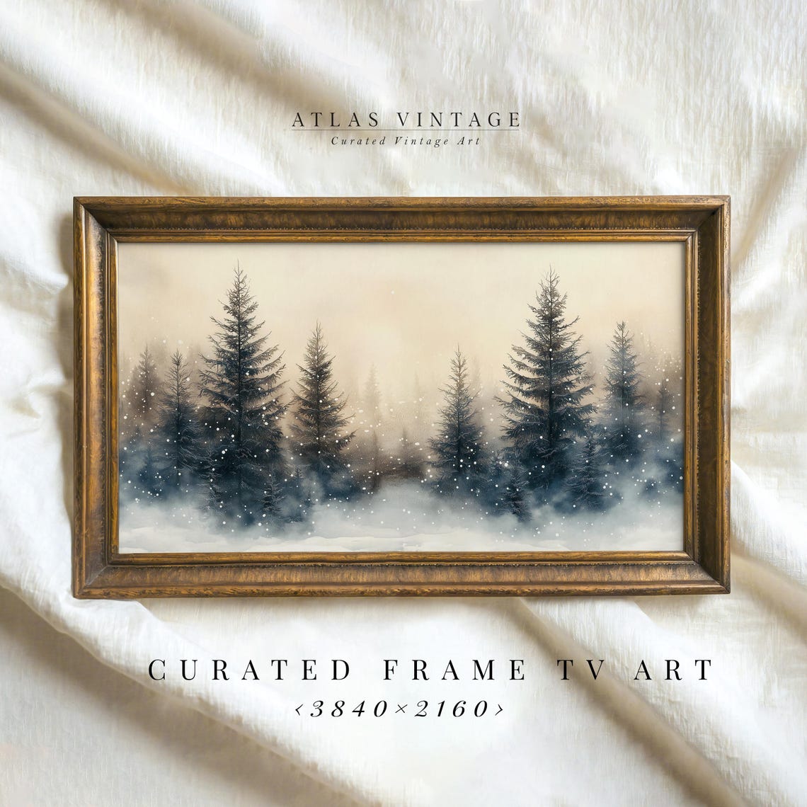 Misty Pine Trees in Falling Snow Dark Blue Vintage Frame TV Poster