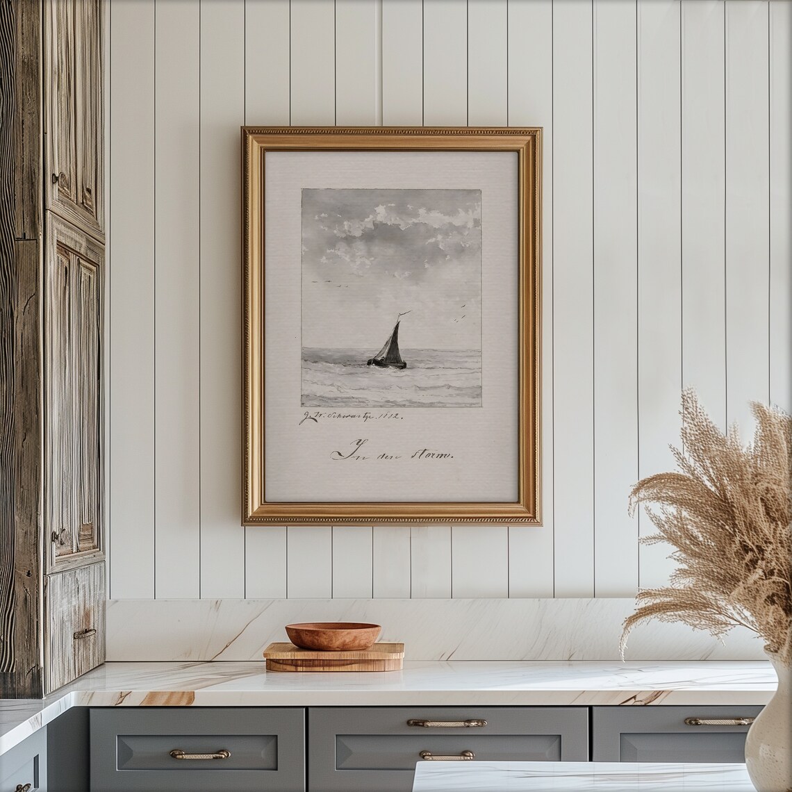 Antique Sailboat Sketch In Den Sturm Vintage Gray Wash Maritime Poster - Image 4